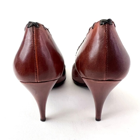 PRADA | Vintage Brown Red Leather Floral Stitch Appliqué Pointed Pumps EU 38.5 - Picture 6 of 11